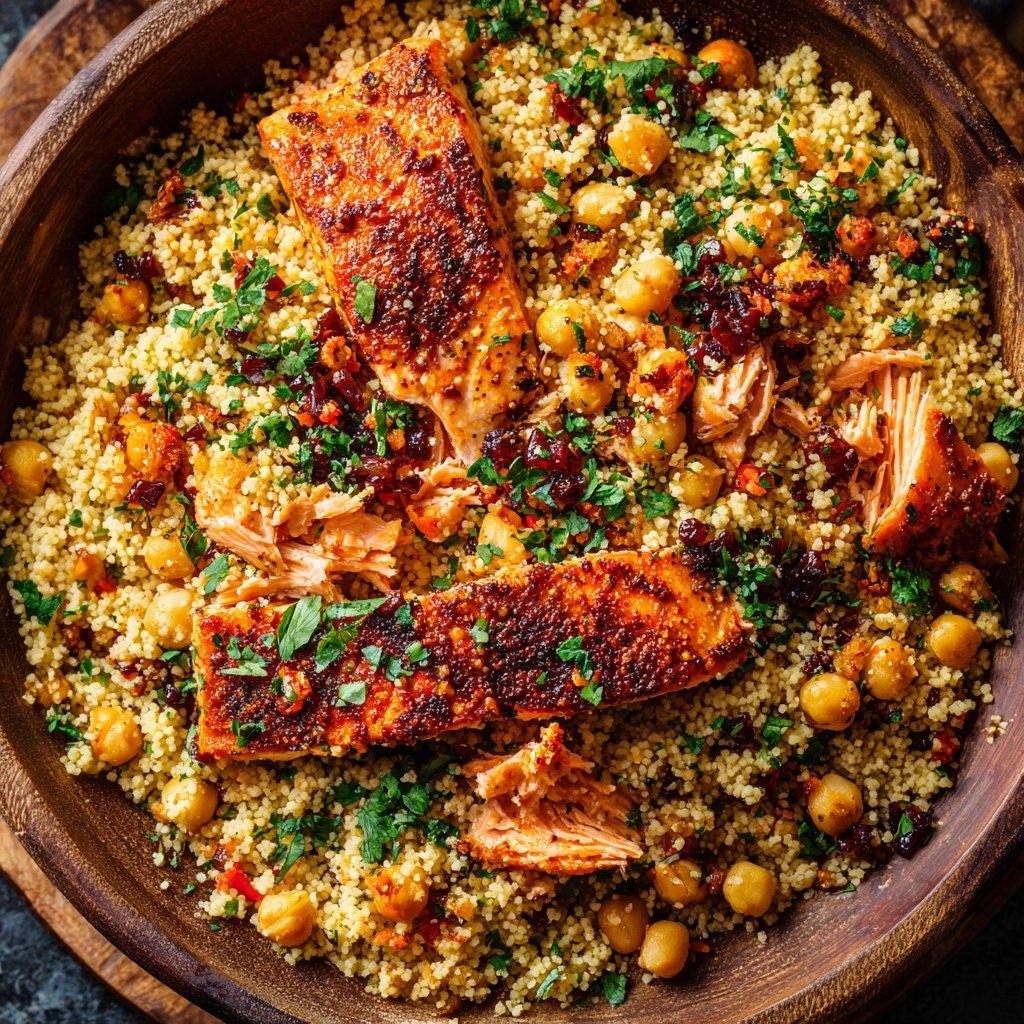 Harissa Roast Salmon Chickpea Couscous